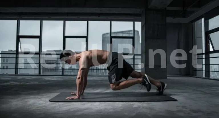 Мъж изпълнява интензивна HIIT тренировка у дома със собствено тегло