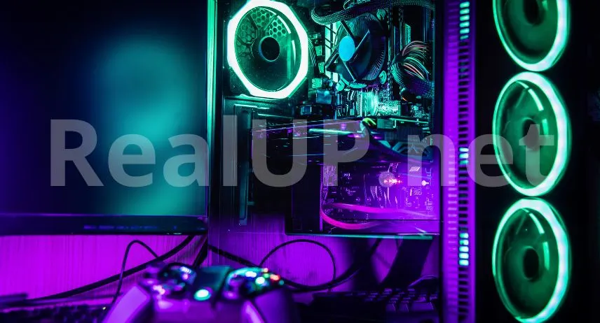 Модерен гейминг сетъп с RGB осветление, монитор и мощен компютър